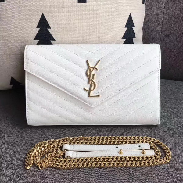 Saint Laurent Monogram Envelope Chain Wallet in White Grain De Poudre Textured Matelasse Leather with Gold Hardwares For Sale