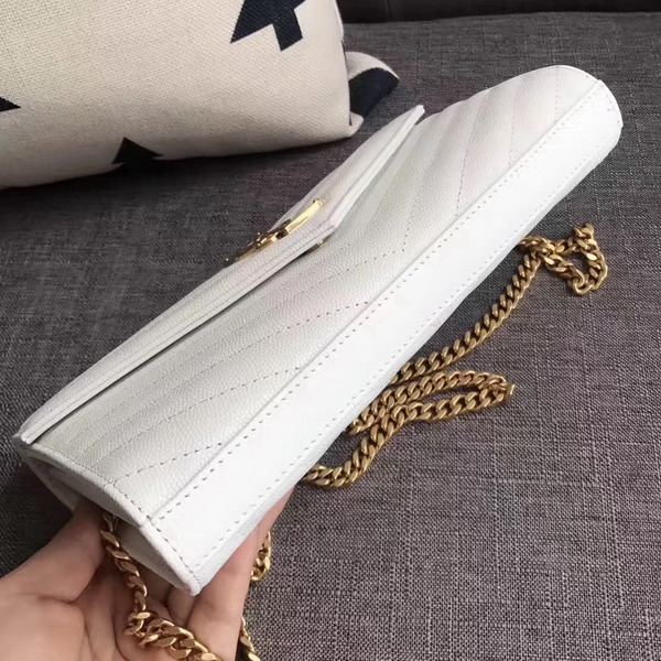 Saint Laurent Monogram Envelope Chain Wallet in White Grain De Poudre Textured Matelasse Leather with Gold Hardwares For Sale