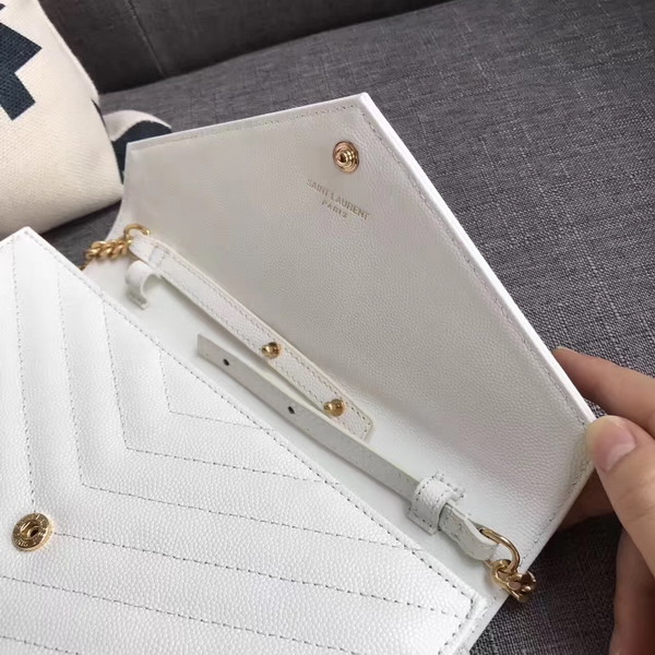 Saint Laurent Monogram Envelope Chain Wallet in White Grain De Poudre Textured Matelasse Leather with Gold Hardwares For Sale