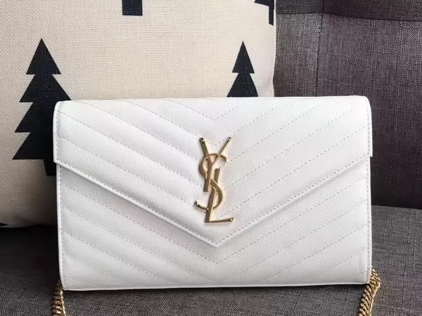 Saint Laurent Monogram Envelope Chain Wallet in White Grain De Poudre Textured Matelasse Leather with Gold Hardwares For Sale