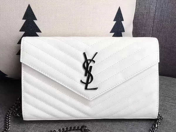 Saint Laurent Monogram Envelope Chain Wallet in White Grain De Poudre Textured Matelasse Leather with Gun Metal For Sale