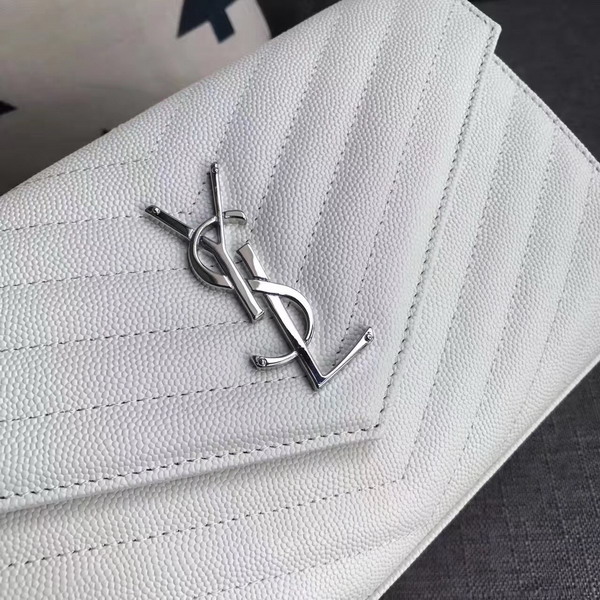 Saint Laurent Monogram Envelope Chain Wallet in White Grain De Poudre Textured Matelasse Leather with Silver Metal For Sale