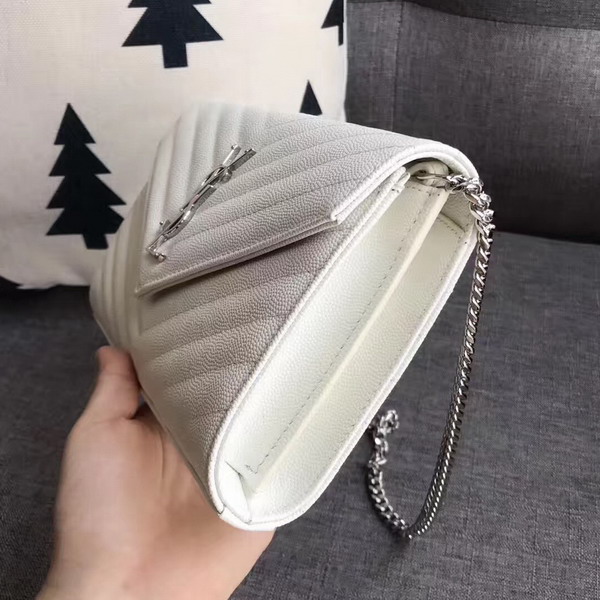 Saint Laurent Monogram Envelope Chain Wallet in White Grain De Poudre Textured Matelasse Leather with Silver Metal For Sale