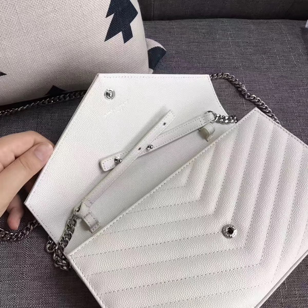 Saint Laurent Monogram Envelope Chain Wallet in White Grain De Poudre Textured Matelasse Leather with Silver Metal For Sale