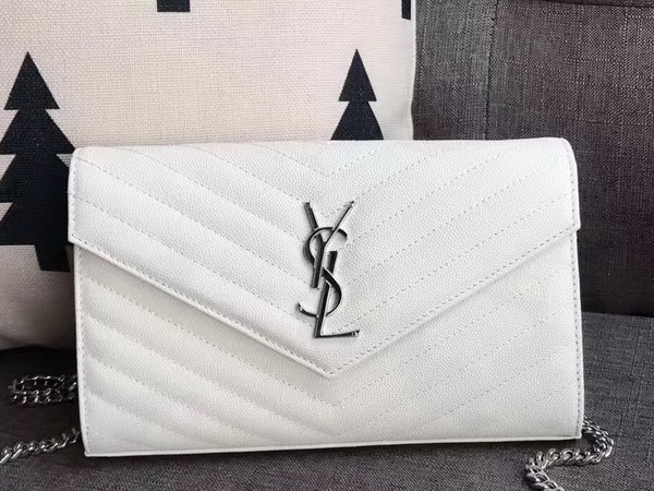 Saint Laurent Monogram Envelope Chain Wallet in White Grain De Poudre Textured Matelasse Leather with Silver Metal For Sale