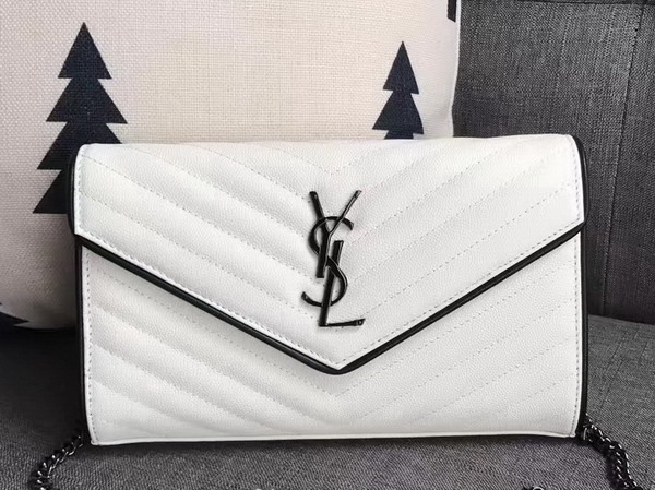 Saint Laurent Monogram Envelope Chain Wallet in White and Black Grain De Poudre Textured Matelasse Leather with Gun Metal For Sale