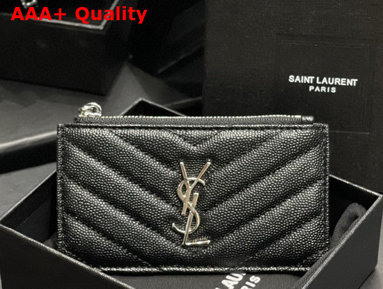 Saint Laurent Monogram Fragments Zippered Card Case in Black Grain de Poudre Embossed Leather Replica