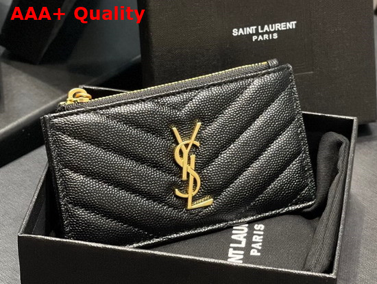 Saint Laurent Monogram Fragments Zippered Card Case in Black Grain de Poudre Embossed Leather Replica