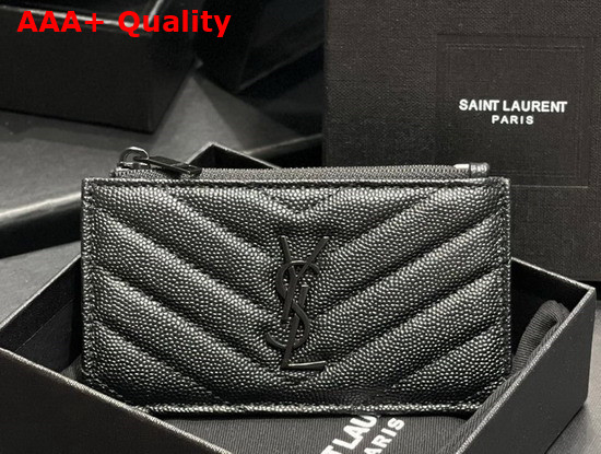 Saint Laurent Monogram Fragments Zippered Card Case in Black Grain de Poudre Embossed Leather Replica