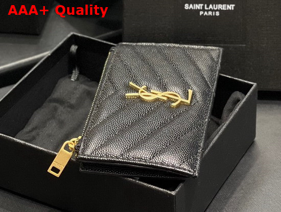 Saint Laurent Monogram Fragments Zippered Card Case in Black Grain de Poudre Embossed Leather Replica