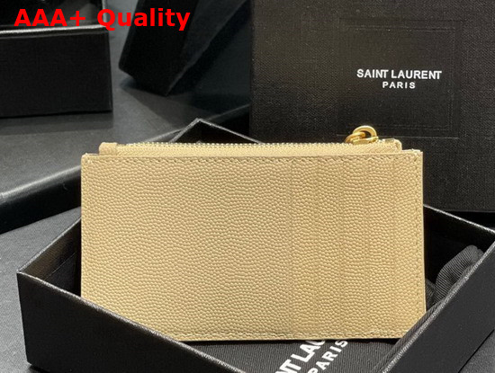 Saint Laurent Monogram Fragments Zippered Card Case in Dark Beige Grain de Poudre Embossed Leather Replica