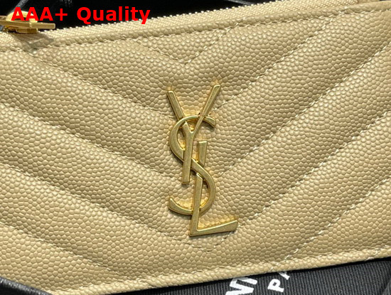 Saint Laurent Monogram Fragments Zippered Card Case in Dark Beige Grain de Poudre Embossed Leather Replica