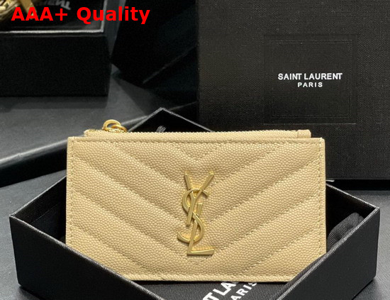 Saint Laurent Monogram Fragments Zippered Card Case in Dark Beige Grain de Poudre Embossed Leather Replica