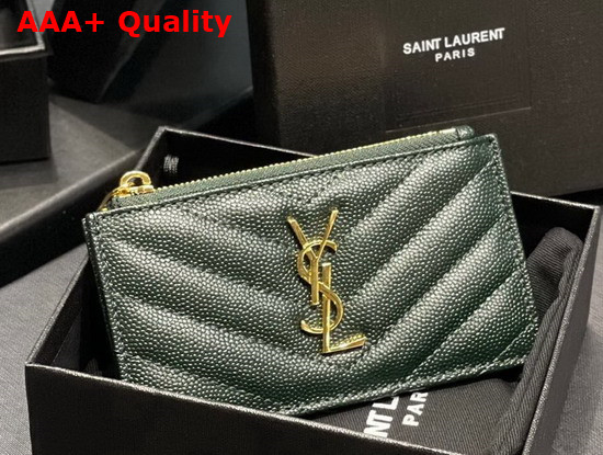 Saint Laurent Monogram Fragments Zippered Card Case in Khaki Green Grain de Poudre Embossed Leather Replica