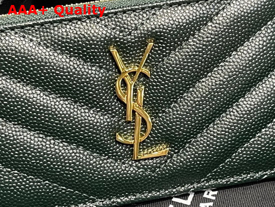 Saint Laurent Monogram Fragments Zippered Card Case in Khaki Green Grain de Poudre Embossed Leather Replica