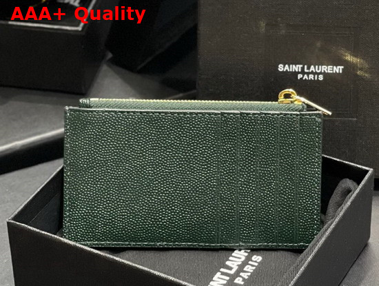 Saint Laurent Monogram Fragments Zippered Card Case in Khaki Green Grain de Poudre Embossed Leather Replica