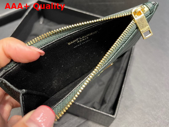 Saint Laurent Monogram Fragments Zippered Card Case in Khaki Green Grain de Poudre Embossed Leather Replica