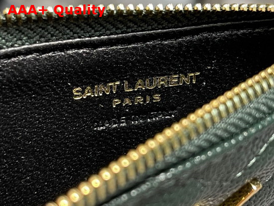 Saint Laurent Monogram Fragments Zippered Card Case in Khaki Green Grain de Poudre Embossed Leather Replica