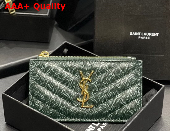 Saint Laurent Monogram Fragments Zippered Card Case in Khaki Green Grain de Poudre Embossed Leather Replica