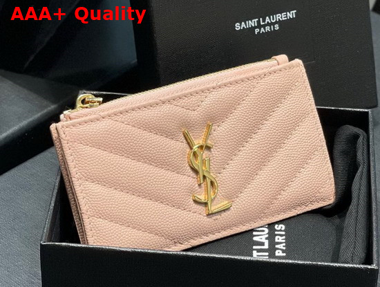 Saint Laurent Monogram Fragments Zippered Card Case in Pink Grain de Poudre Embossed Leather Replica