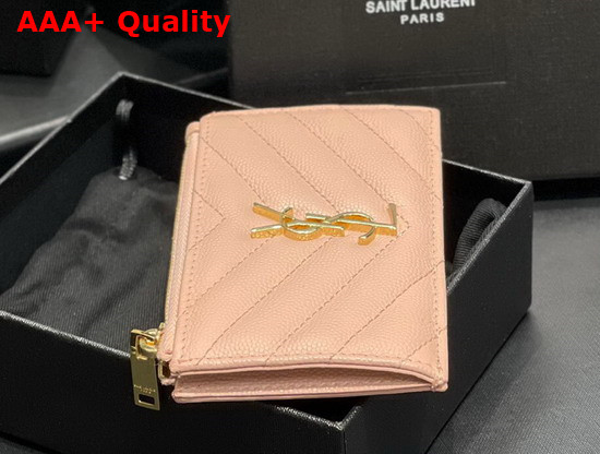 Saint Laurent Monogram Fragments Zippered Card Case in Pink Grain de Poudre Embossed Leather Replica