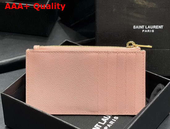 Saint Laurent Monogram Fragments Zippered Card Case in Pink Grain de Poudre Embossed Leather Replica