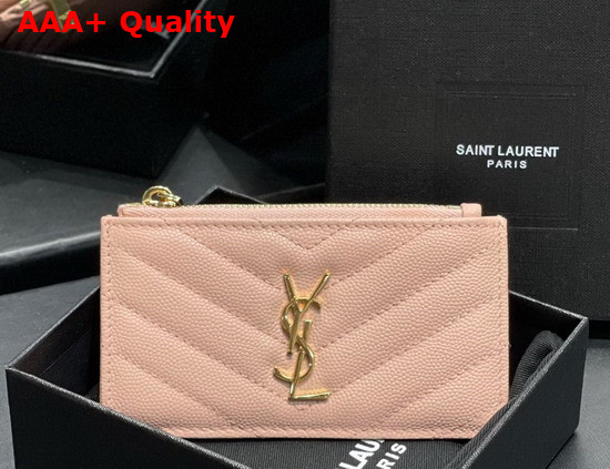 Saint Laurent Monogram Fragments Zippered Card Case in Pink Grain de Poudre Embossed Leather Replica