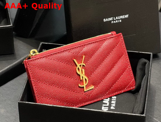 Saint Laurent Monogram Fragments Zippered Card Case in Red Grain de Poudre Embossed Leather Replica