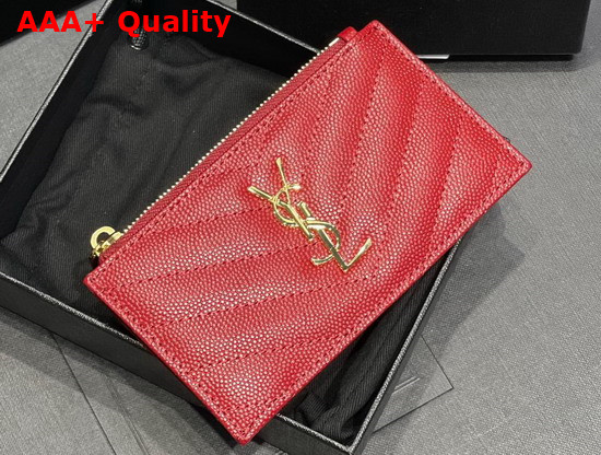 Saint Laurent Monogram Fragments Zippered Card Case in Red Grain de Poudre Embossed Leather Replica