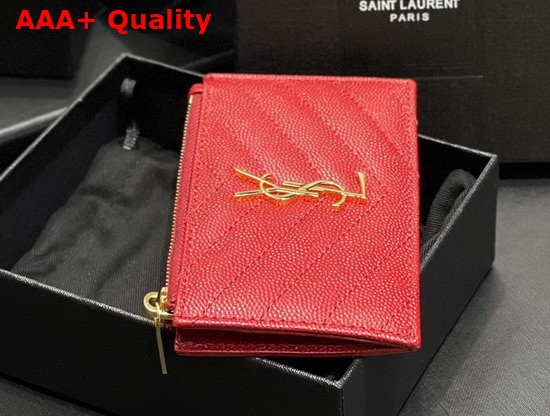 Saint Laurent Monogram Fragments Zippered Card Case in Red Grain de Poudre Embossed Leather Replica