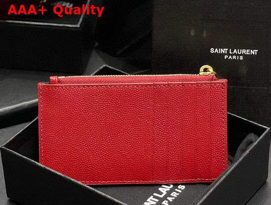 Saint Laurent Monogram Fragments Zippered Card Case in Red Grain de Poudre Embossed Leather Replica