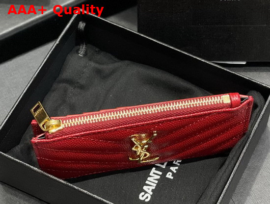 Saint Laurent Monogram Fragments Zippered Card Case in Red Grain de Poudre Embossed Leather Replica