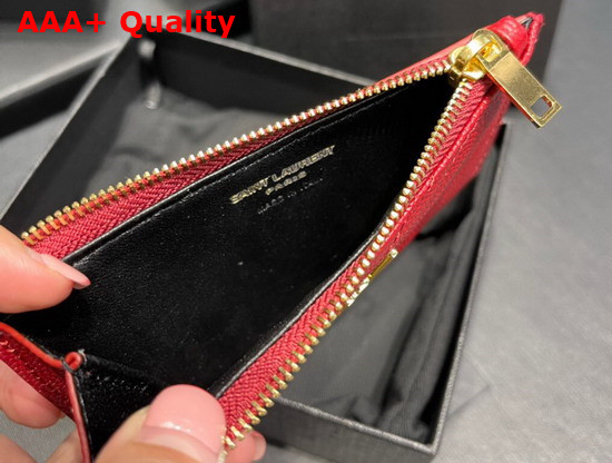 Saint Laurent Monogram Fragments Zippered Card Case in Red Grain de Poudre Embossed Leather Replica