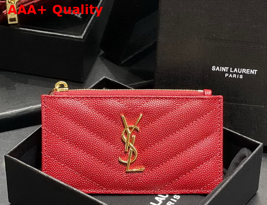 Saint Laurent Monogram Fragments Zippered Card Case in Red Grain de Poudre Embossed Leather Replica