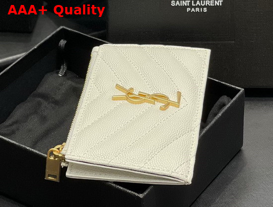 Saint Laurent Monogram Fragments Zippered Card Case in White Grain de Poudre Embossed Leather Replica