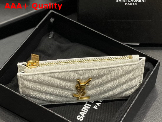 Saint Laurent Monogram Fragments Zippered Card Case in White Grain de Poudre Embossed Leather Replica