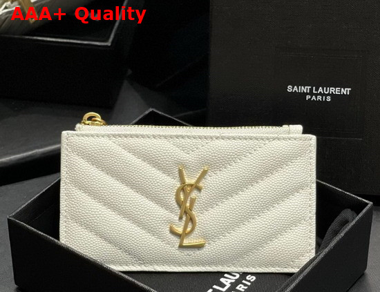 Saint Laurent Monogram Fragments Zippered Card Case in White Grain de Poudre Embossed Leather Replica