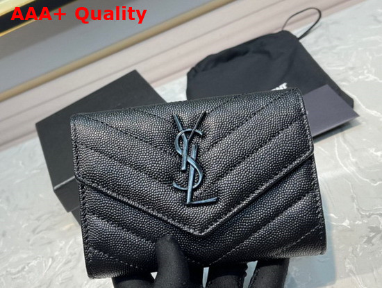 Saint Laurent Monogram Small Envelope Wallet in Black Grain de Poudre Embossed Leather with Silver Metal Replica