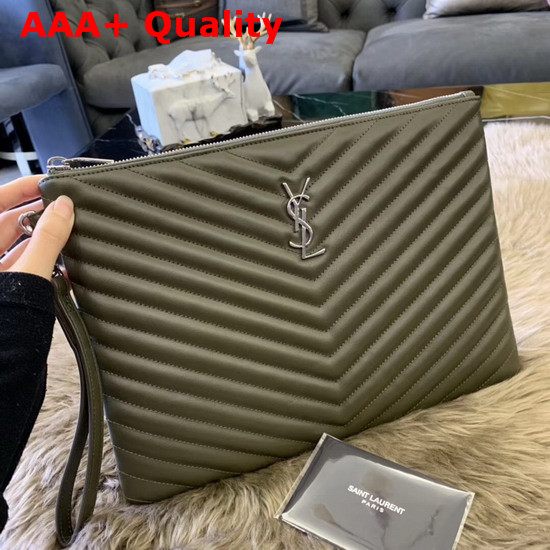 Saint Laurent Monogram Tablet Pouch in Light Khaki Matelasse Leather Replica