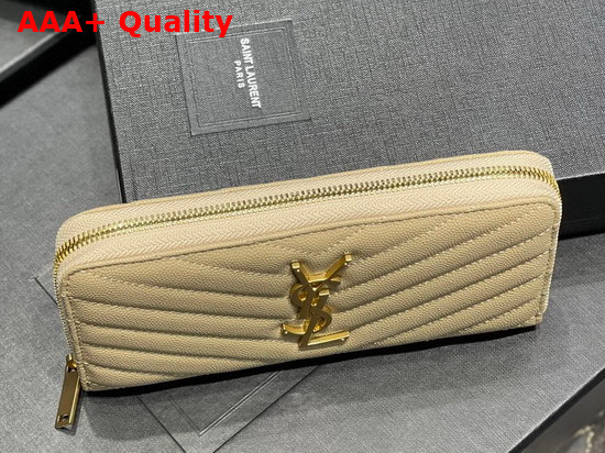 Saint Laurent Monogram Zip Around Wallet in Beige Grain de Poudre Embossed Leather Replica