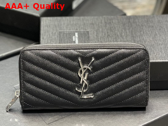 Saint Laurent Monogram Zip Around Wallet in Black Grain de Poudre Embossed Leather Replica