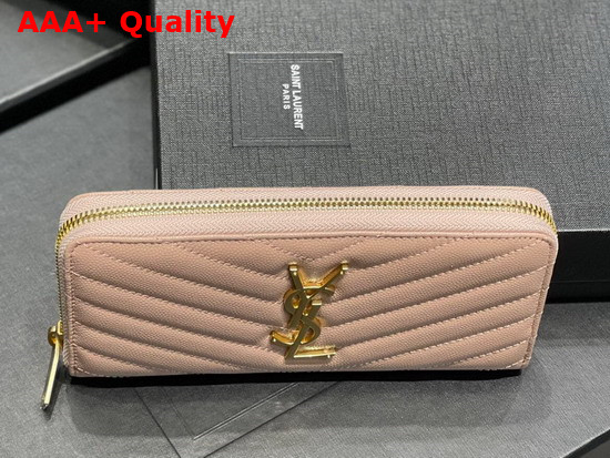 Saint Laurent Monogram Zip Around Wallet in Dark Beige Grain de Poudre Embossed Leather Replica