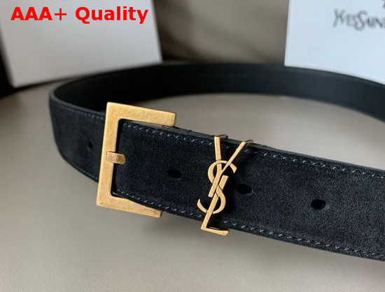 Saint Laurent Monogramme Belt with Square Buckle in Black Suede and Smooth Leather with Gold Metal Replica