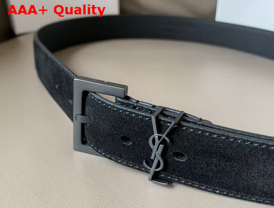 Saint Laurent Monogramme Belt with Square Buckle in Black Suede and Smooth Leather with Gun Metal Replica