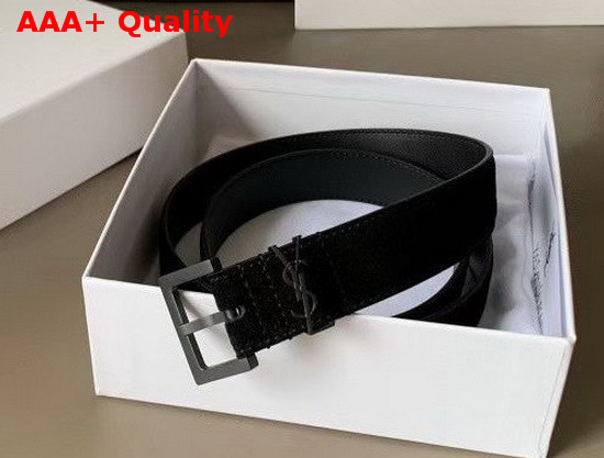 Saint Laurent Monogramme Belt with Square Buckle in Black Suede and Smooth Leather with Gun Metal Replica