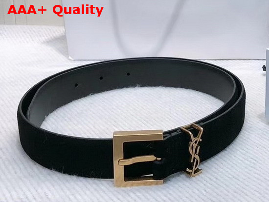 Saint Laurent Monogramme Belt with Square Buckle in Black Suede with Gold Tone Metal Hardware Replica