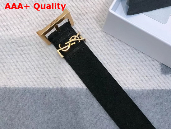 Saint Laurent Monogramme Belt with Square Buckle in Black Suede with Gold Tone Metal Hardware Replica