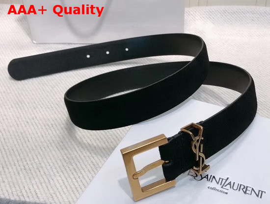 Saint Laurent Monogramme Belt with Square Buckle in Black Suede with Gold Tone Metal Hardware Replica