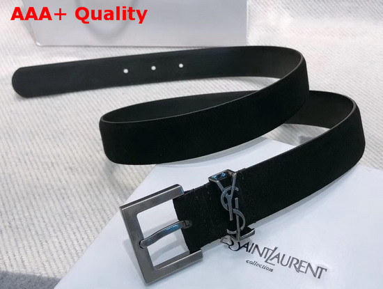 Saint Laurent Monogramme Belt with Square Buckle in Black Suede with Silver Tone Metal Hardware Replica