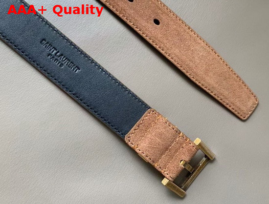 Saint Laurent Monogramme Belt with Square Buckle in Brown Suede and Black Smooth Leather Replica